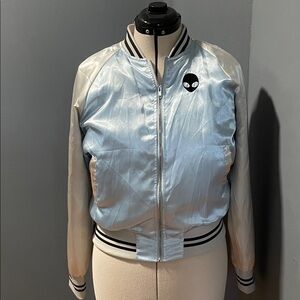 Trillium Light Blue and Gray Bomber Jacket with Alien Emblem Size- Large NWOT